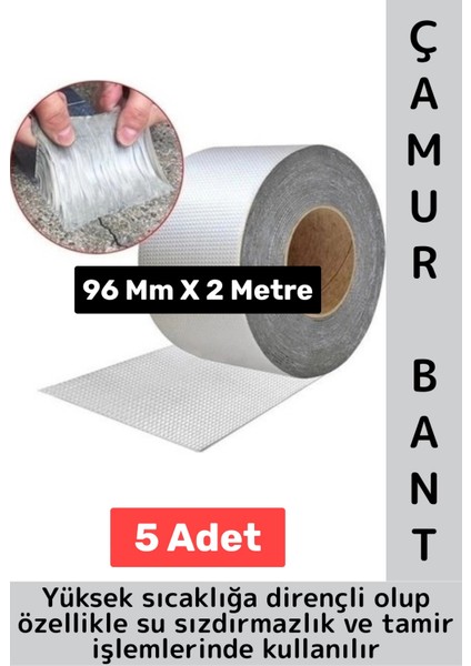 Ultra Güçlü Su Geçirmez Isıya Dayanıklı Alüminyum Izolasyon Tamirat 96 mm x 2 Metre Çamur Bant 5 Adt