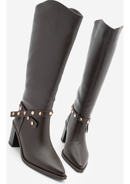 Kadın Sivri Burun Fermuarsız Çıkarılabilen Tokalı Troklu Zımbalı Topuklu Çizme Fuslep