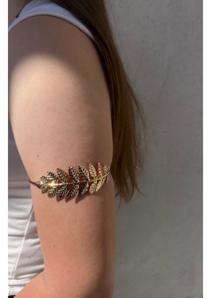 Gold Taç Yaprak Detaylı Paslanmaz Çelik Ayarlanabilir Kadın Pazu Bileklik Kol Kelepçesi Armcuff