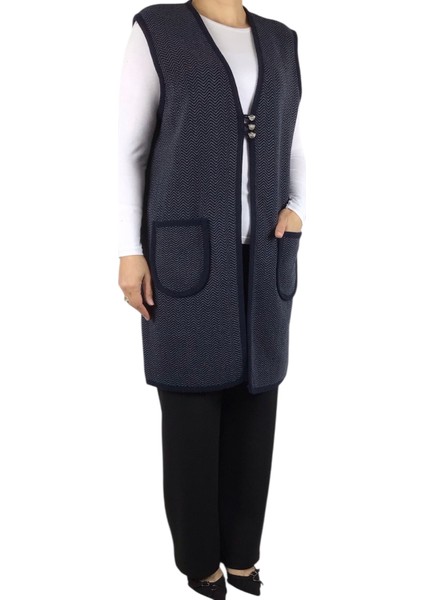 Kadın Desenli Üç Düğmeli Kalın Kışlık Yelek