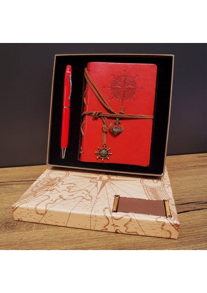 Kutulu Pusula Defter ve Tükenmez Kalem Seti Kırmızı