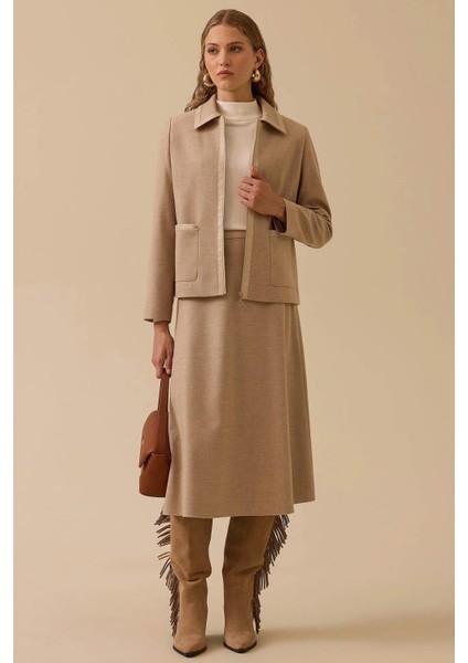 Suni Deri Biyeli Midi Etek 10002521610010 Vizon fiyatları