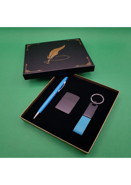 Kutulu Turkuaz Kalem Deri Anahtarlık ve Çakmak Seti