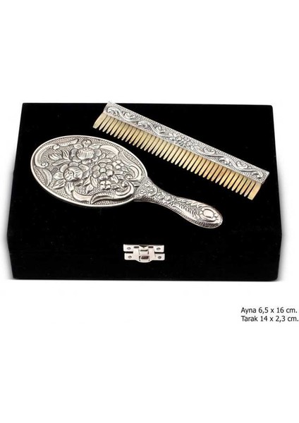 Manolya Motifli Ayna Tarak Gümüş Set