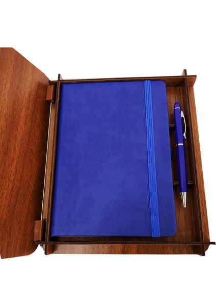 Ahşap Kutulu Deri Defter ve Kalem Seti Mavi modelleri