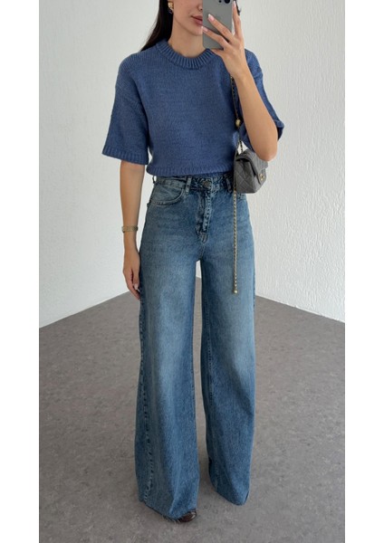 Kesik Paça Mavi Palazzo Jean fırsatları
