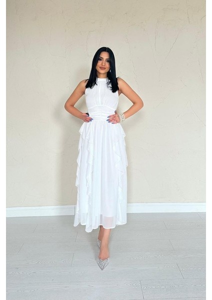 Beyaz Önü Büzgülü Fırfırlı Elbise fiyatları