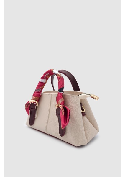 Coris Fularlı Saplı Mini Boy Çapraz Askılı El Çantası Krem-Bordo modelleri