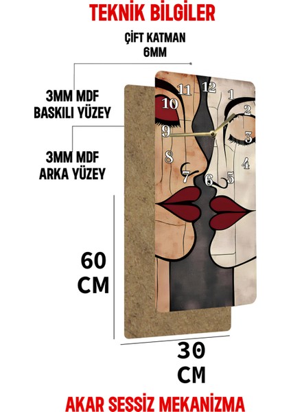 Soyut Yüz Tasarımlı Mdf Dikdörtgen Duvar Saati 30X60 cm | Sessiz Mekanizma Uv Baskılı – USD118 indirimleri