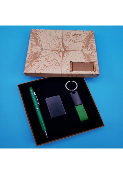 Kutulu Yeşil Kalem Deri Anahtarlık ve Çakmak Seti