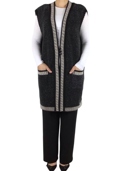 Kadın Önü Üç Düğmeli Desenli Cepli Kalın Büyük Beden Yelek