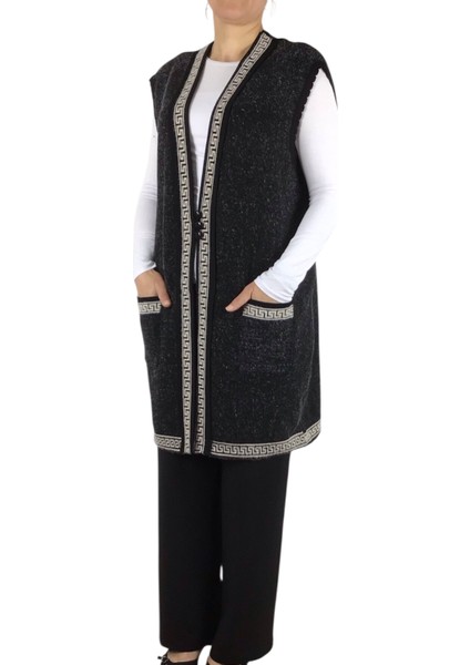 Kadın Önü Üç Düğmeli Desenli Cepli Kalın Büyük Beden Yelek modelleri