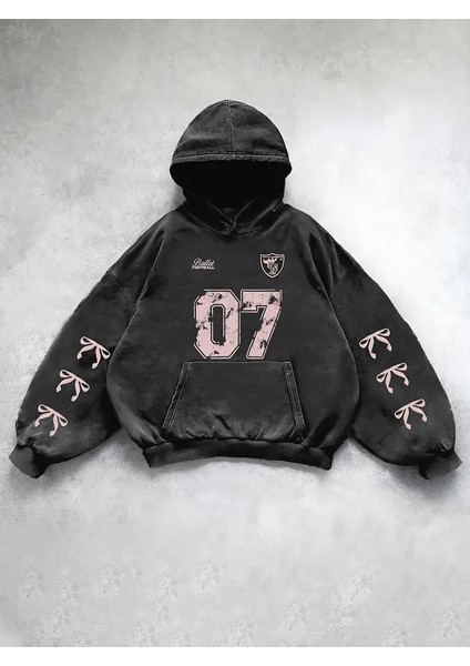 Yıkamalı 07 Retro Baskılı Vintage Kapüşonlu Sweatshirt