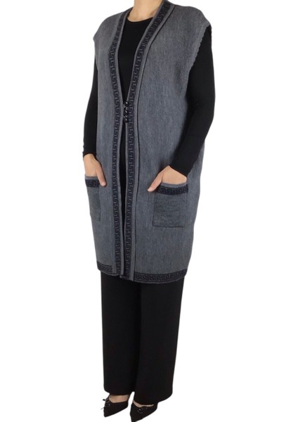 Kadın Önü Üç Düğmeli Desenli Cepli Kalın Büyük Beden Yelek