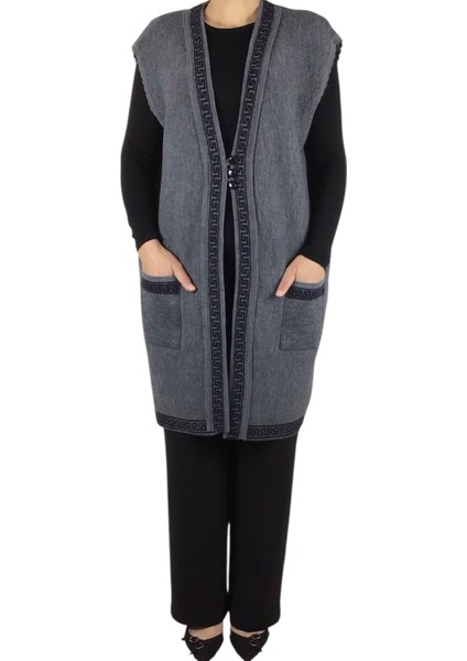 Kadın Önü Üç Düğmeli Desenli Cepli Kalın Büyük Beden Yelek fiyatları