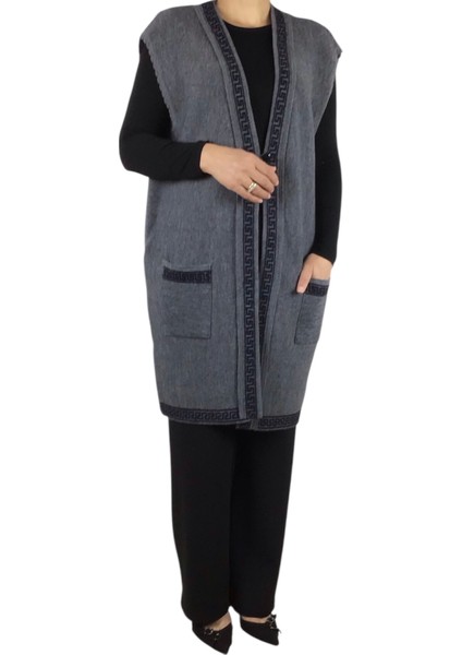 Kadın Önü Üç Düğmeli Desenli Cepli Kalın Büyük Beden Yelek modelleri