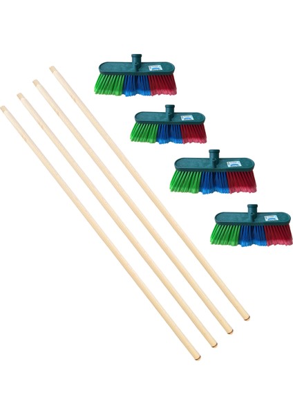 Fırça Sapı Ahşap Sap 120 cm ve Oto Fırça 17 cm Yumuşak 4'lü Set