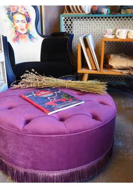 Mor Rengi Kapitoneli 70*40 cm Dekoratif Püsküllü Vintage Puf