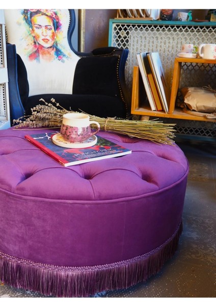 Mor Rengi Kapitoneli 70*40 cm Dekoratif Püsküllü Vintage Puf modelleri