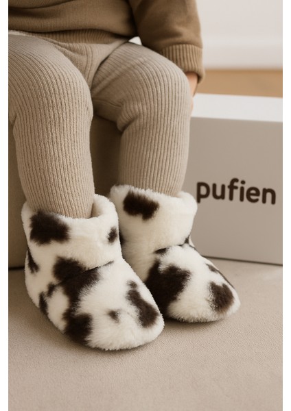 Çocuk ve Bebek Wellsoft Ev Botu, Inek Desenli Panduf, Kışlık Peluş Patik Bot