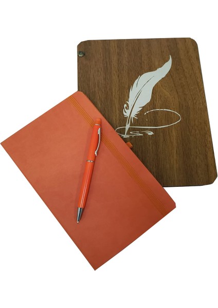 Ahşap Kutulu Deri Defter ve Kalem Seti Turuncu