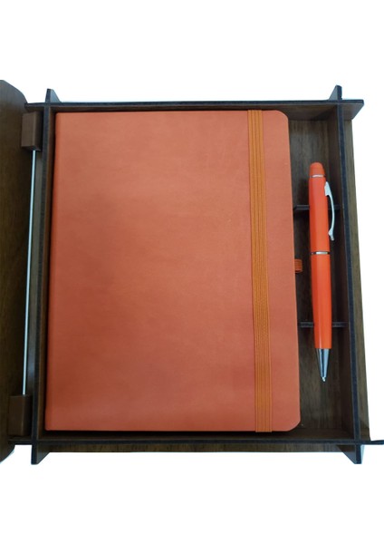 Ahşap Kutulu Deri Defter ve Kalem Seti Turuncu modelleri
