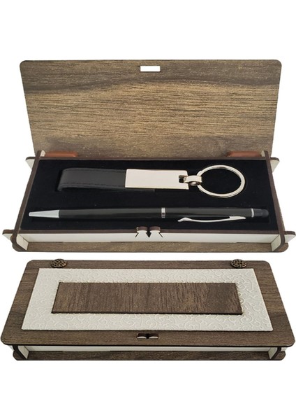 Ahşap Kutulu Siyah Anahtarlık ve Kalem Set