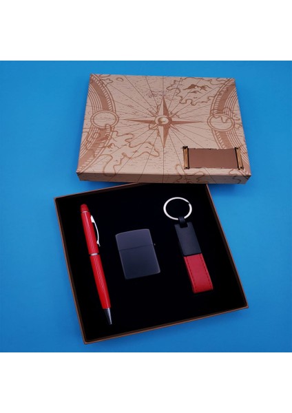 Kutulu Kırmızı Kalem Anahtarlık ve Çakmak Set