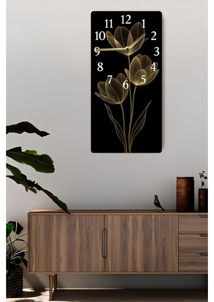 Şıklığıyla Göz Alıcı Siyah Zemin Üzerine Altın Çiçek Desenli Mdf Dikdörtgen Saat (30X60 Cm) – USD128 fiyatları
