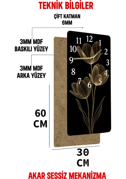 Şıklığıyla Göz Alıcı Siyah Zemin Üzerine Altın Çiçek Desenli Mdf Dikdörtgen Saat (30X60 Cm) – USD128 indirimleri
