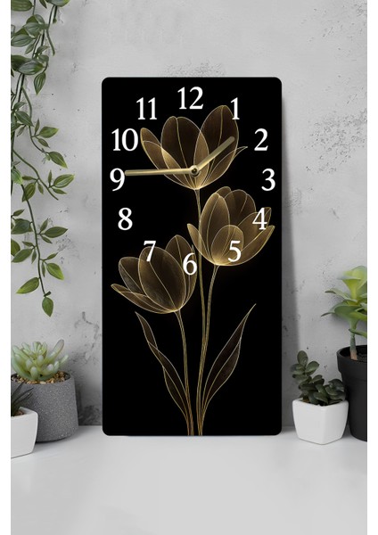 Şıklığıyla Göz Alıcı Siyah Zemin Üzerine Altın Çiçek Desenli Mdf Dikdörtgen Saat (30X60 Cm) – USD128