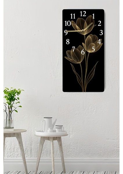Şıklığıyla Göz Alıcı Siyah Zemin Üzerine Altın Çiçek Desenli Mdf Dikdörtgen Saat (30X60 Cm) – USD128