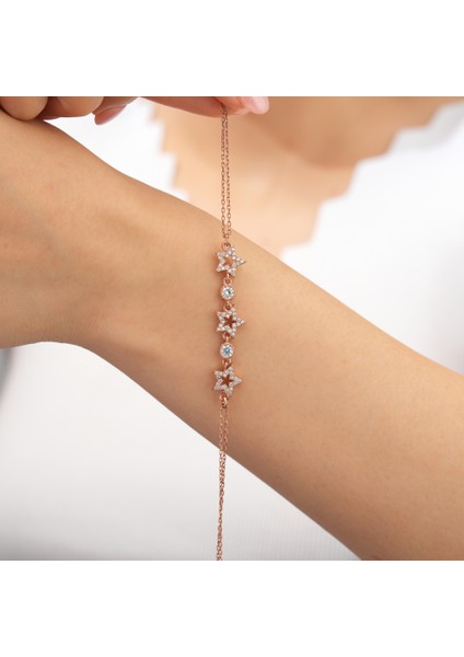 925 Ayar Rose Kaplama Zirkon Taşlı Üç Yıldız Gümüş Bileklik