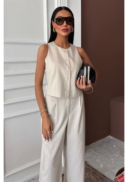 Yelek Plazzo Pantolon Çizgili Flamlı Poliviscon Takım 10178 modelleri