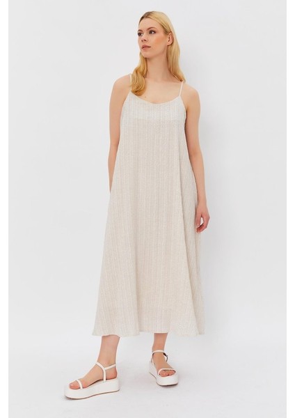 Askılı Uzun Çan Elbise - Natür