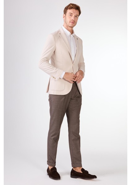 Krem Erkek Slim Fit Düz Mono Yaka Casual Ceket