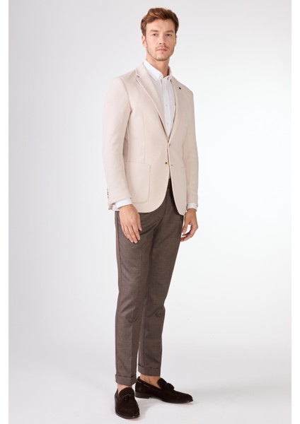 Krem Erkek Slim Fit Düz Mono Yaka Casual Ceket