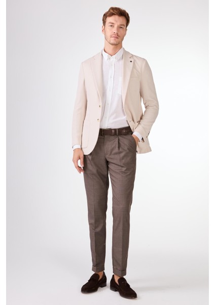 Krem Erkek Slim Fit Düz Mono Yaka Casual Ceket