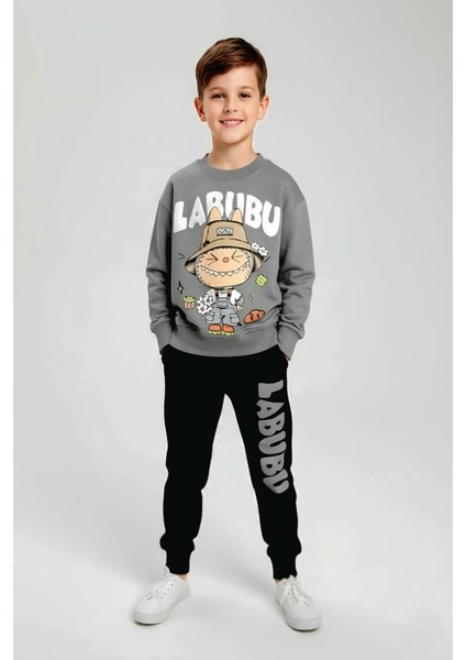 Labubu Desenli Erkek Çocuk Gri Renk Eşofman Takım