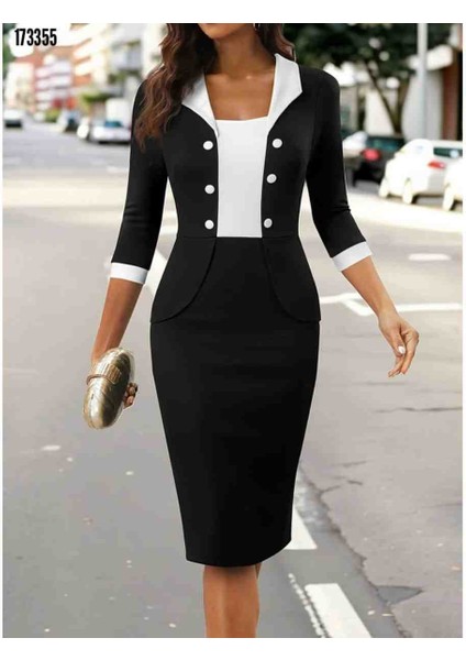 Kadın Truvakal Kol Çift Renkli Düğmeli Kısa Ithal Krep Elbise, Kırmızı Gül Figürlü Kolye Hediye