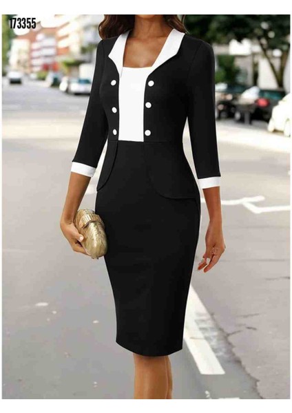 Kadın Truvakal Kol Çift Renkli Düğmeli Kısa Ithal Krep Elbise, Kırmızı Gül Figürlü Kolye Hediye fiyatları