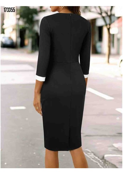 Kadın Truvakal Kol Çift Renkli Düğmeli Kısa Ithal Krep Elbise, Kırmızı Gül Figürlü Kolye Hediye modelleri