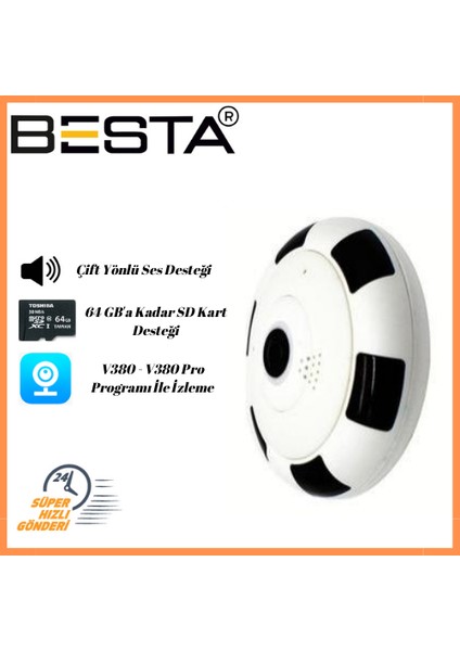 Panoramik Kablosuz Kamera Gece Görüşlü 1080P Güvenlik Kamerası