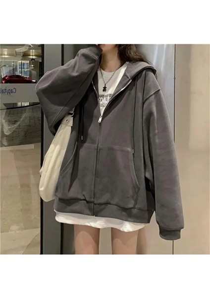 Gri Düz Kalın Kumaş Street Y2K Kapüşonlu Hırka