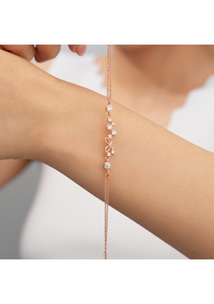 925 Ayar Rose Kaplama Zirkon Taşlı Kelebekli Su Yolu Gümüş Bileklik