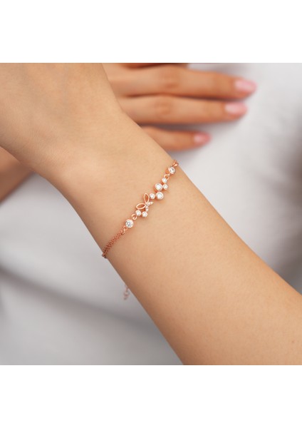 925 Ayar Rose Kaplama Zirkon Taşlı Kelebekli Su Yolu Gümüş Bileklik fiyatları