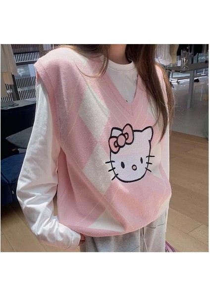 Anime Hello Kitty Baklava Desenli Oversize V Yaka Süveter