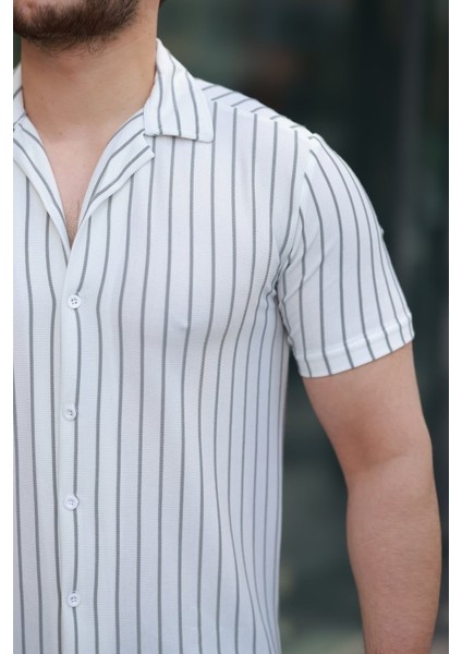 Erkek Kısa Kollu Gri Çizgi Desenli Örme Kumaş Pamuklu Gömlek modelleri