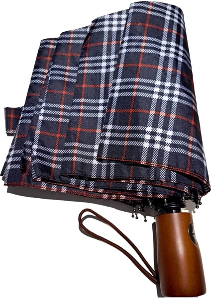 Ahşap Sap Ful Otomatik 10 Telli Lüx Kadın Şemsiyesi Ekose Desnli