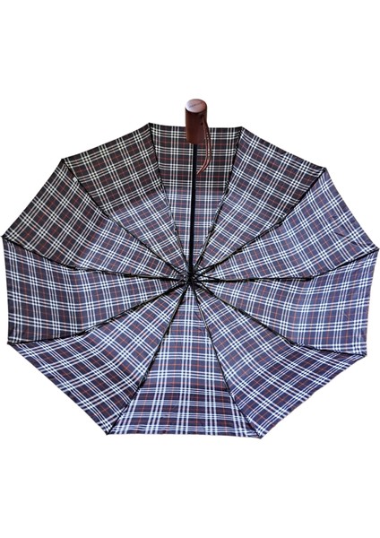 Ahşap Sap Ful Otomatik 10 Telli Lüx Kadın Şemsiyesi Ekose Desnli fırsatları